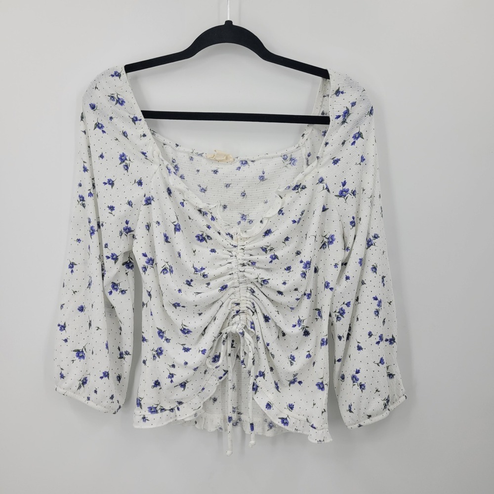 Vtg 90s Cottage Country Ditsy Floral Polka Dot Ruched Front Milkmaid Top Sz L